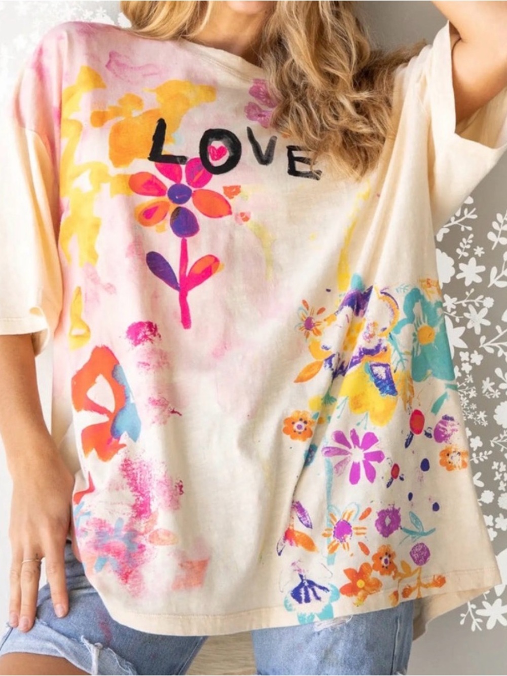 Natural Life LOVE Floral Oversized Graphic Tee One Size Cream 100% Cotton
